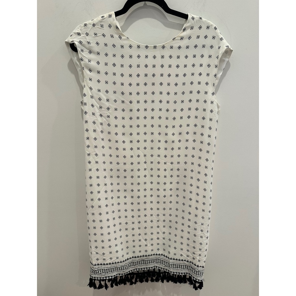 Madewell Women White Black Geometric Diamond Print Tassel Hem Shift Dress Small